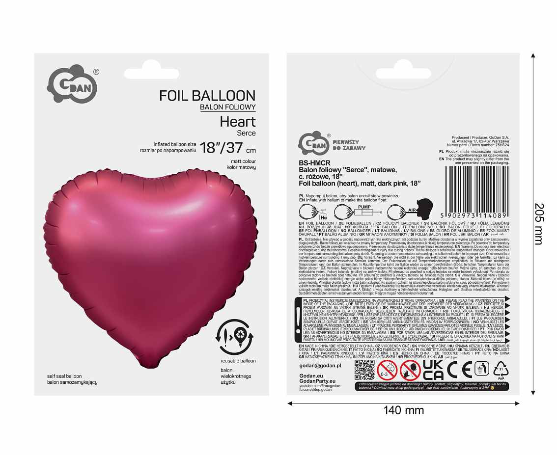 Foil balloon (heart), mat, dark  pink, 18 inches